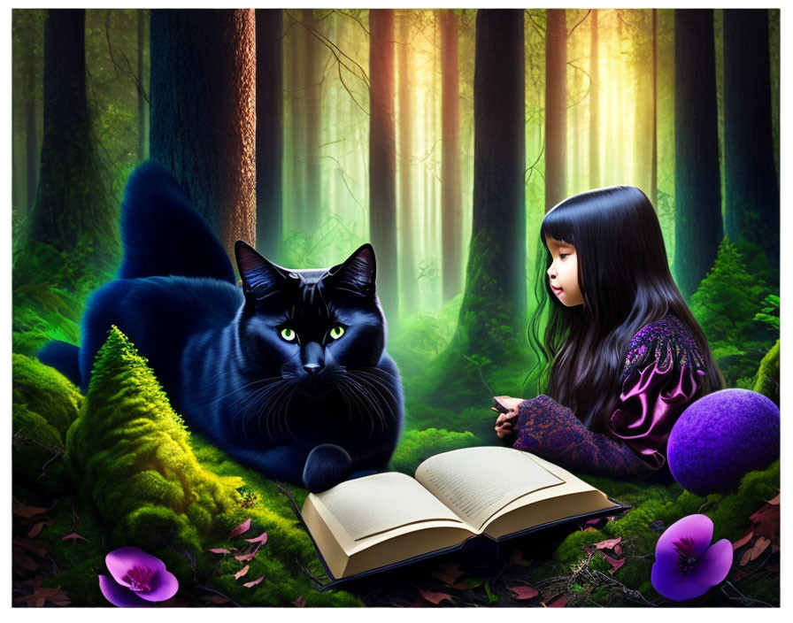 Girl reading book with black cat in enchanted forest under sunlight.