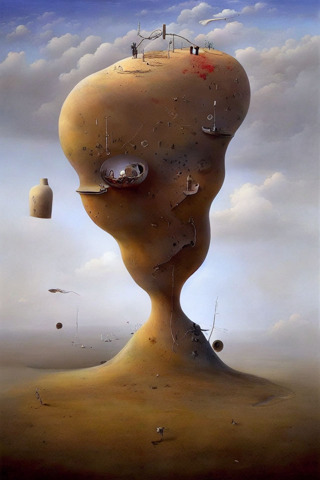 Surrealistic humanoid head landscape with ladders, windmill, and scattered objects