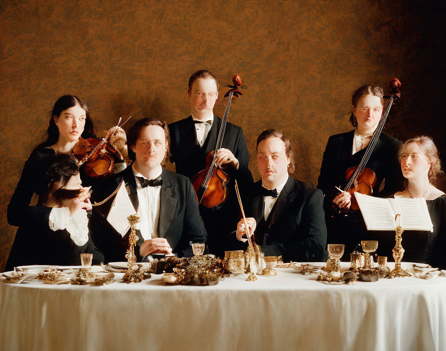 Elegant string quartet performance at a formal dinner table