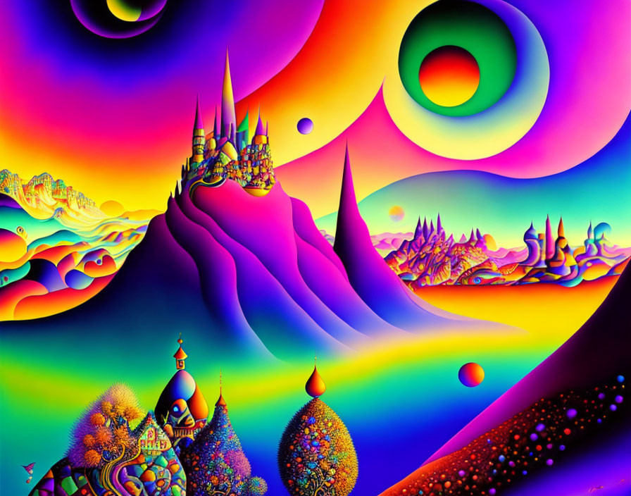 Colorful Psychedelic Landscape with Rolling Hills and Whimsical Castles