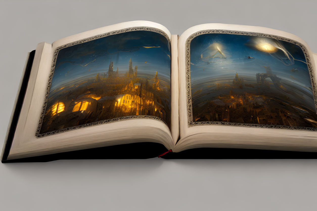 Illustrated fantasy cityscape in open book with glowing windows and flying ship