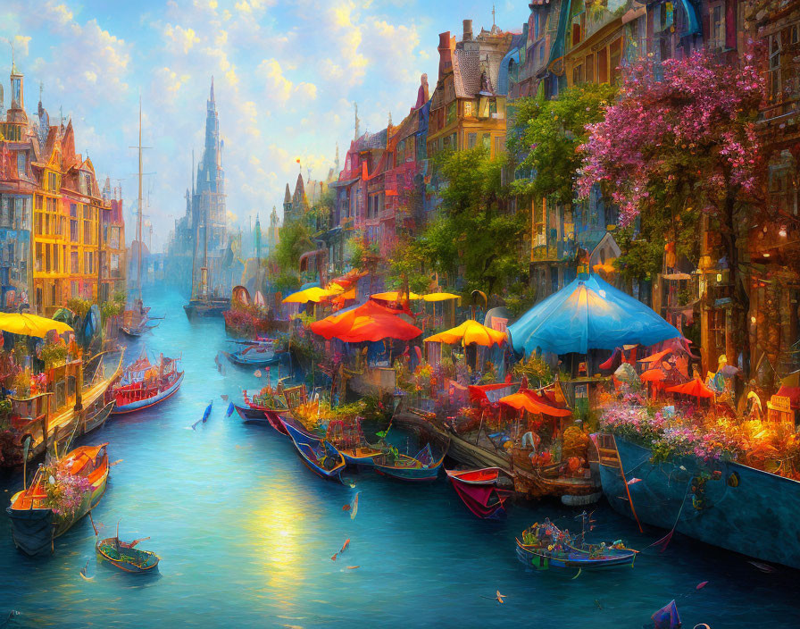 Colorful Canal Scene: Vibrant Buildings, Boats, Market Stalls