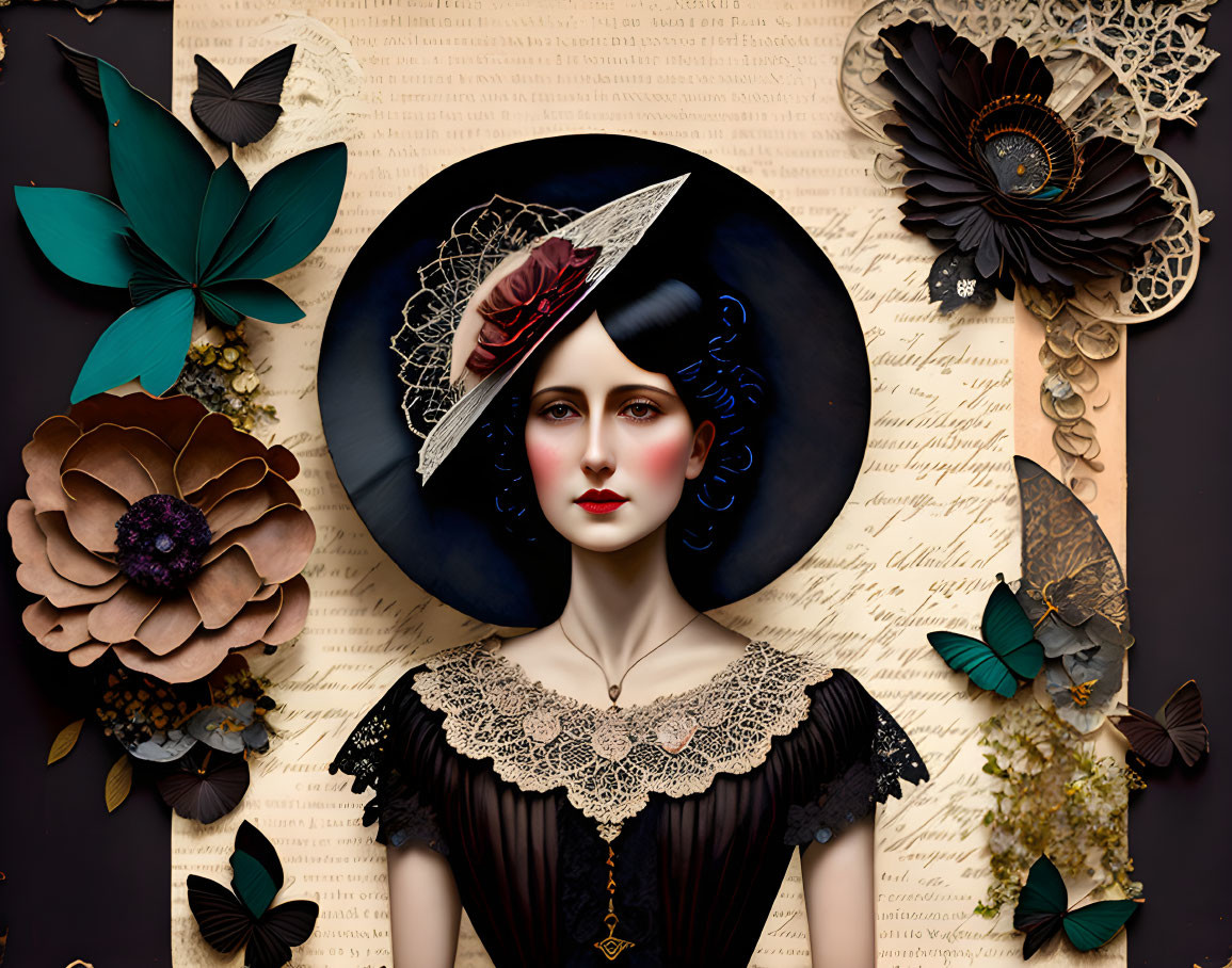 Victorian-inspired art: Woman in black dress with butterflies and flowers on vintage text background