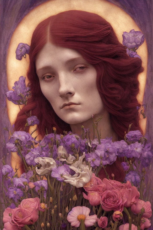 Portrait of Person with Red Hair and Pale Skin Surrounded by Purple Flowers