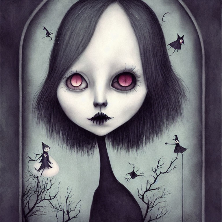 Gothic-style illustration of pale girl with red eyes and dark hair in a whimsical, dark