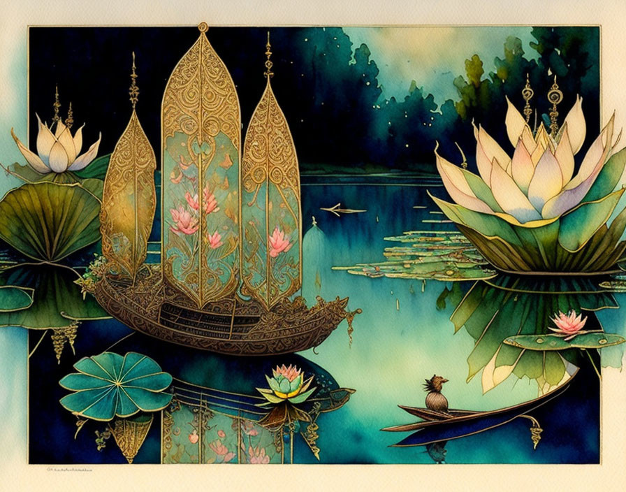 Golden lotus-shaped boat on tranquil pond with lilies under starry sky