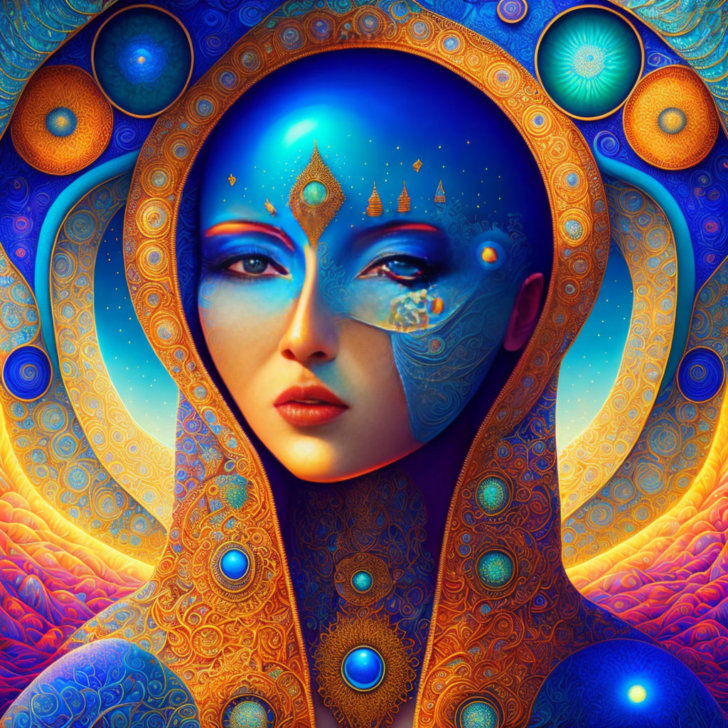 Colorful digital artwork of woman with blue skin and mandala patterns.