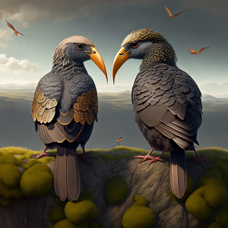 Stylized birds with ornate medieval armor feathers on rocky outcrop