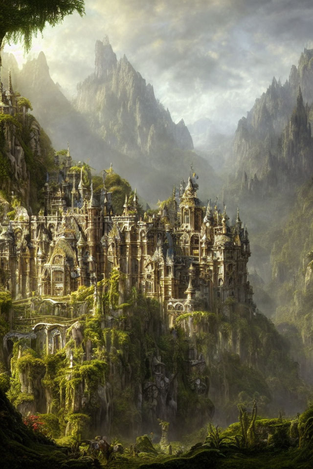 Fantasy castle in mountainous landscape with sunbeams.