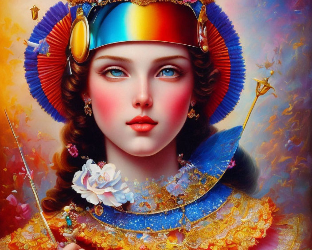 Colorful portrait of a woman with ornate headdress and jewels against fiery backdrop