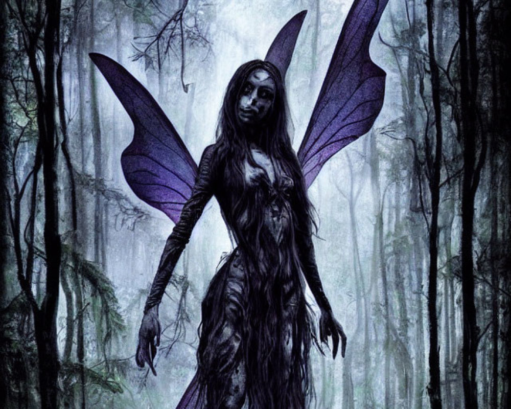 Ethereal fairy with large purple wings in misty forest