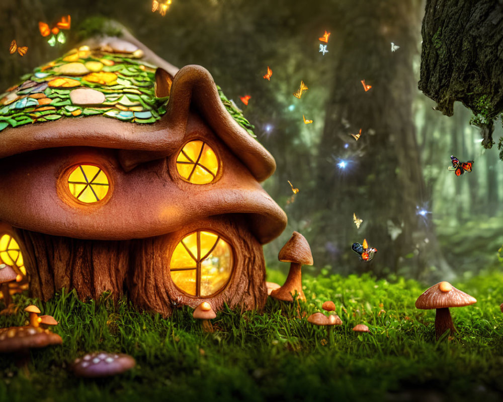 Enchanted forest scene with whimsical mushroom house and magical sparks.