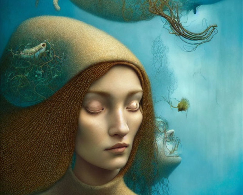 Surreal artwork of woman submerged in water with marine life and coral integration