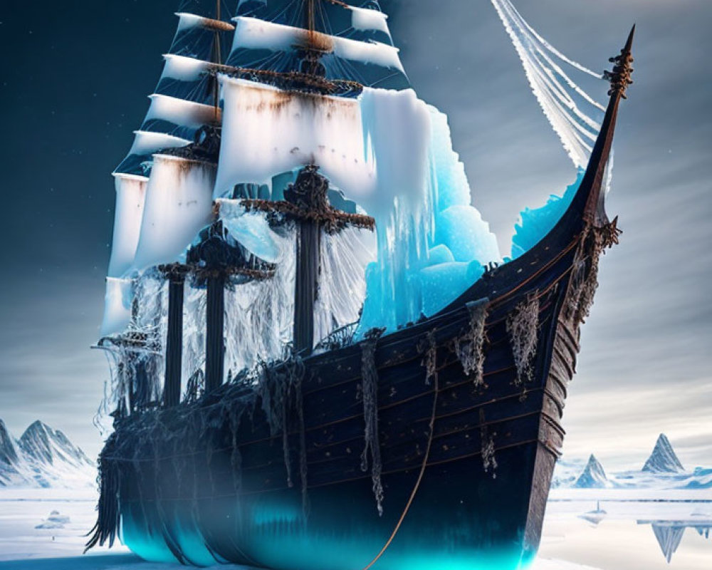 Majestic ship with ice-covered sails in serene icy landscape