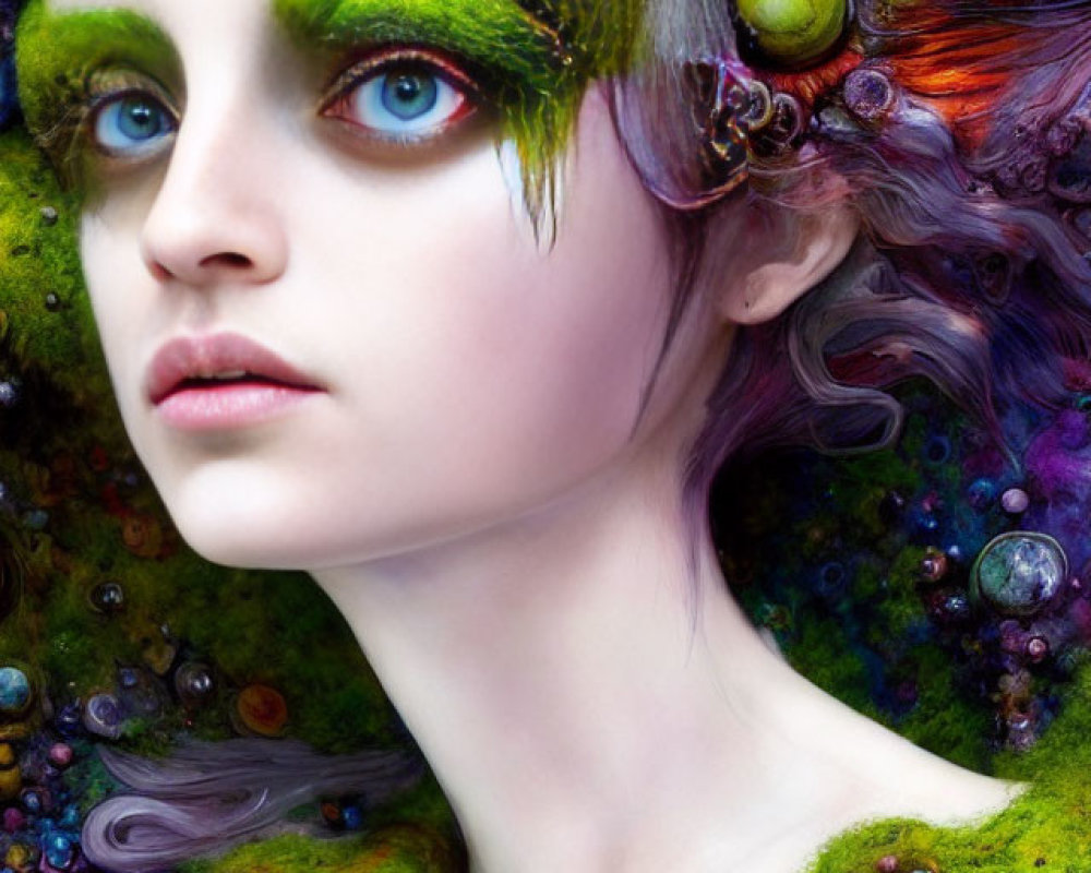 Surreal portrait with mossy green textures and celestial swirls