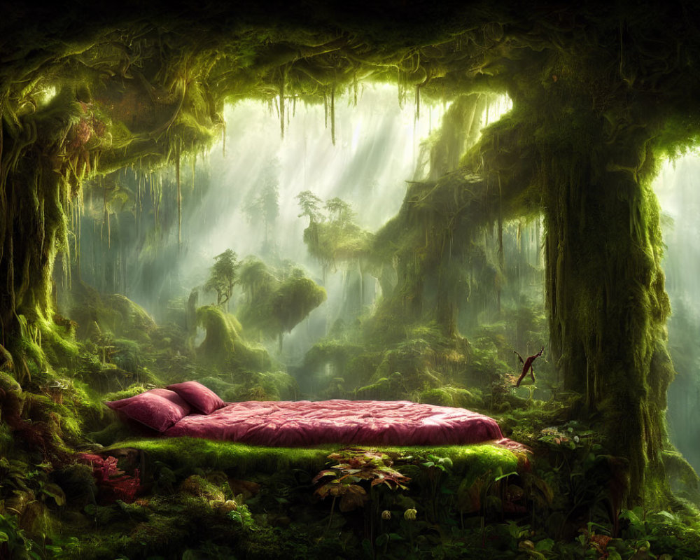 Enchanted forest with moss-covered trees and red bed in misty sunlight