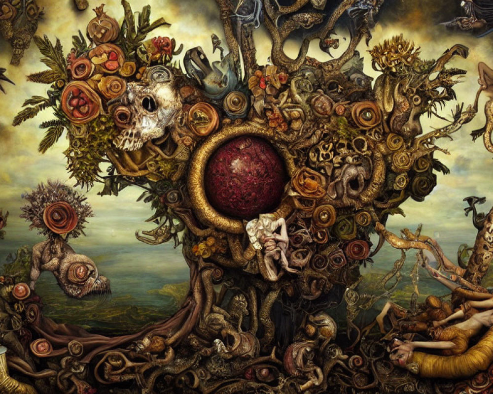 Surrealist artwork with natural elements, flowers, skulls, and human figures