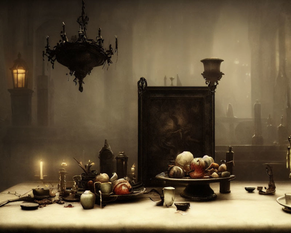 Dimly Lit Room with Candles, Fruit Table, Chandelier, and Foggy Windows