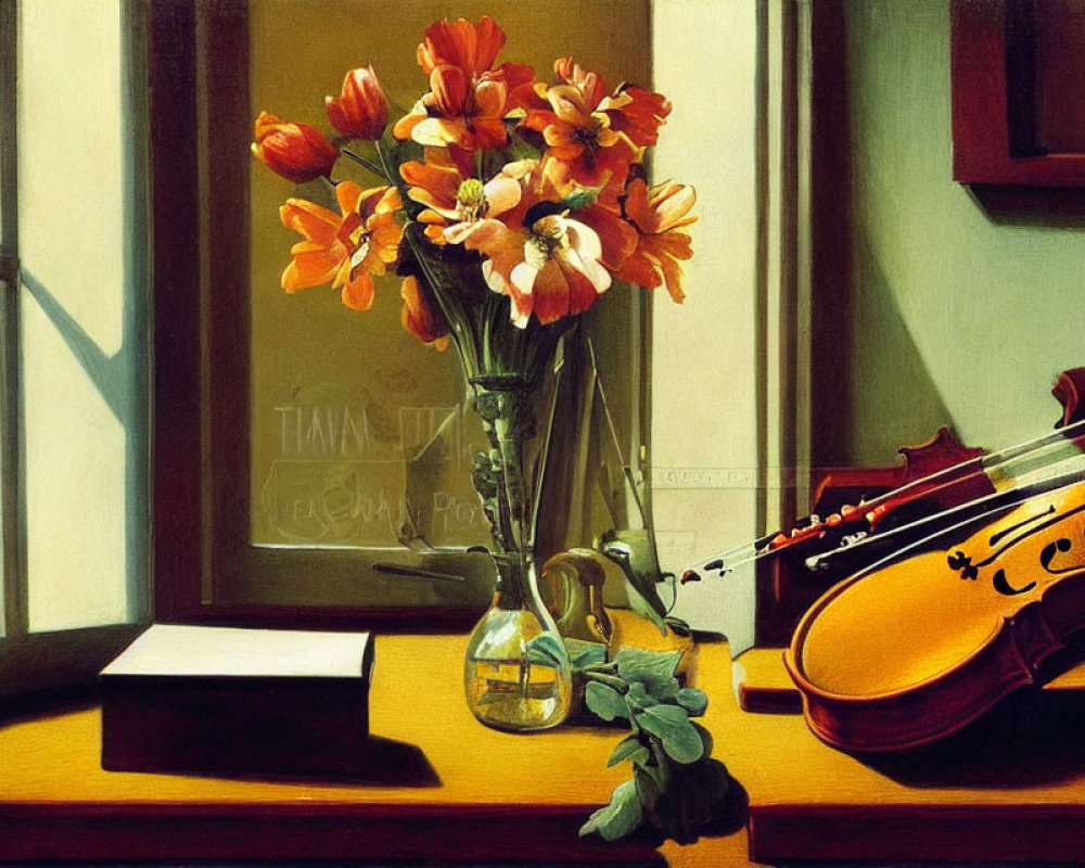 Classic still-life painting with red and orange flowers, violin, and book on window sill