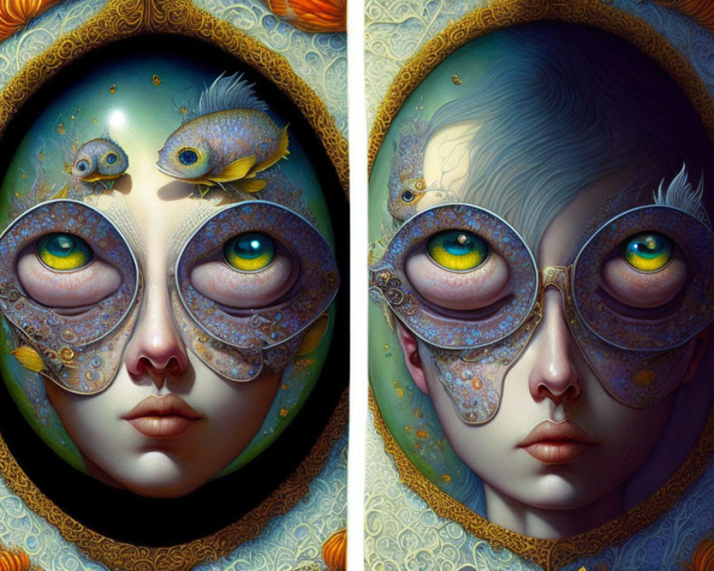 Surreal portraits with ornate glasses reflecting fish and peacock on patterned backgrounds