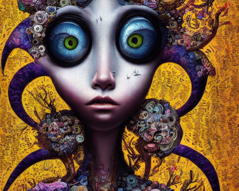 Surreal artwork: Wide-eyed character with floral halo and second face in hand