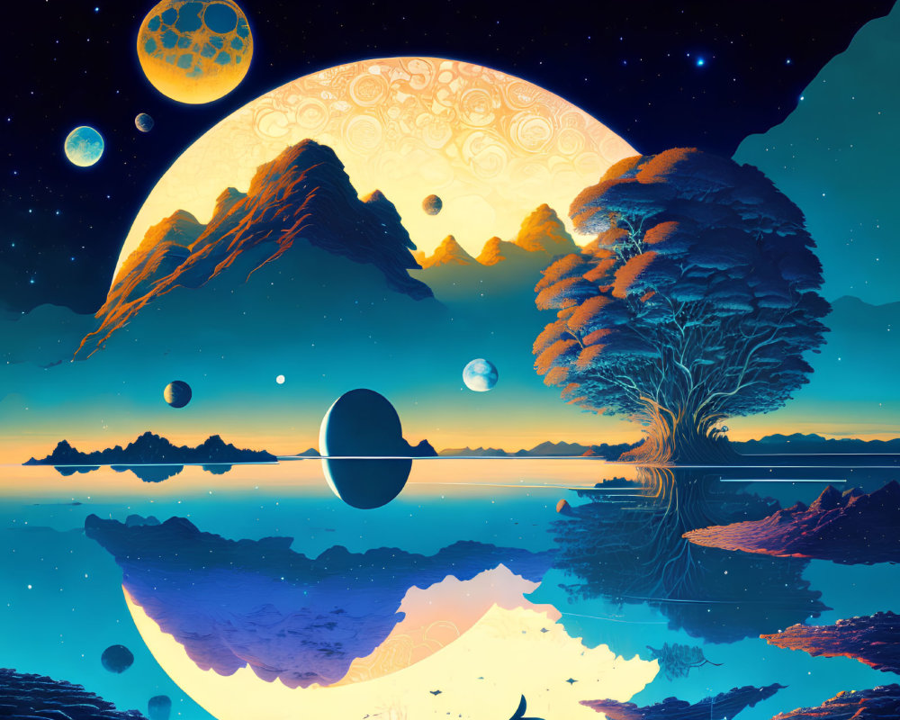 Surreal Landscape with Moon, Mountains, and Stars