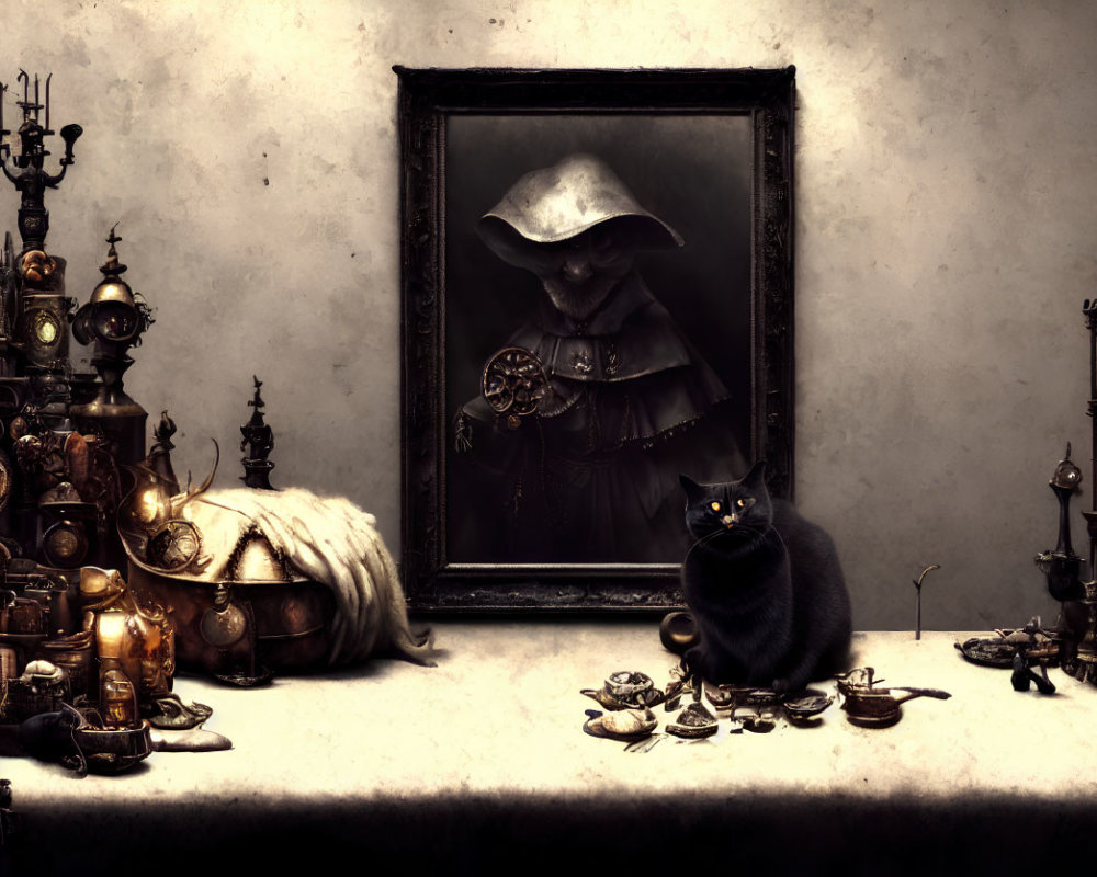 Black cat with antique items and figure painting in background