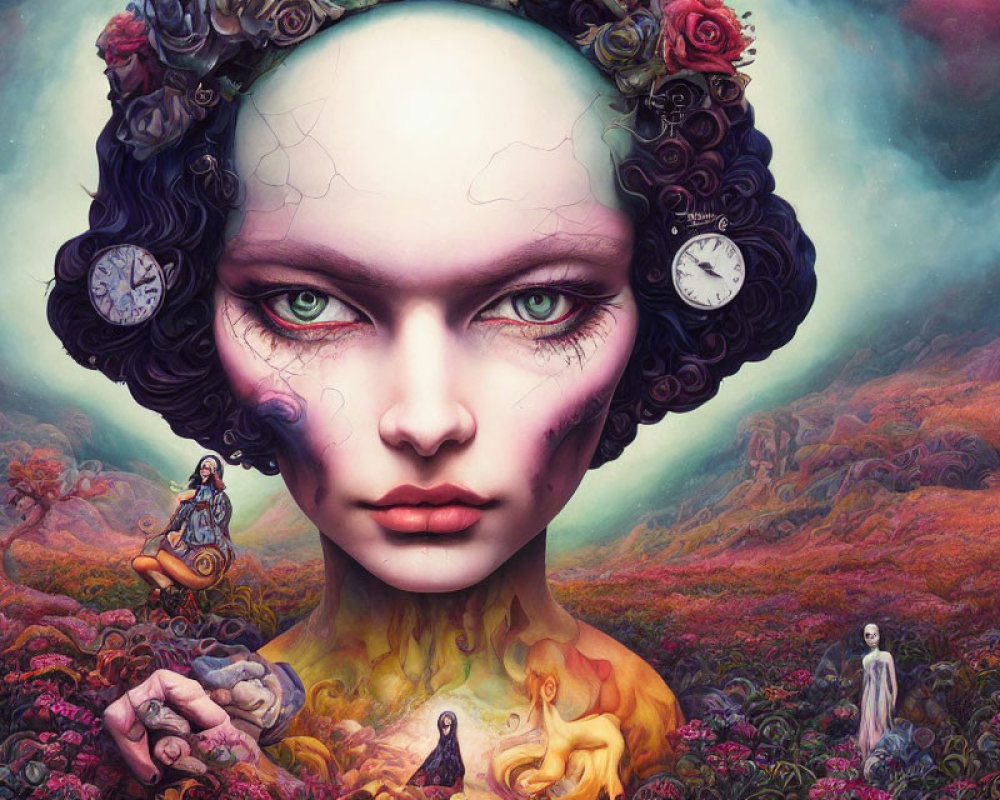 Portrait of woman with clock ears, cracked face, vibrant floral landscape, and tiny figures