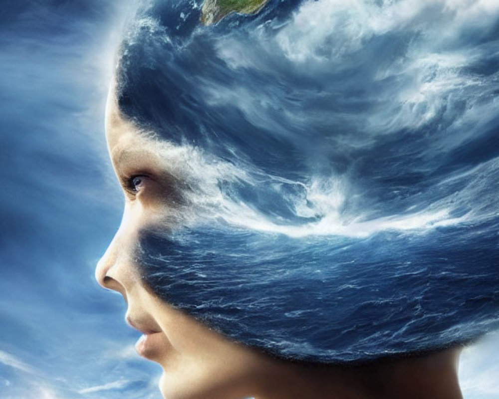 Woman's Head Merged with Earth Symbolism under Dramatic Sky