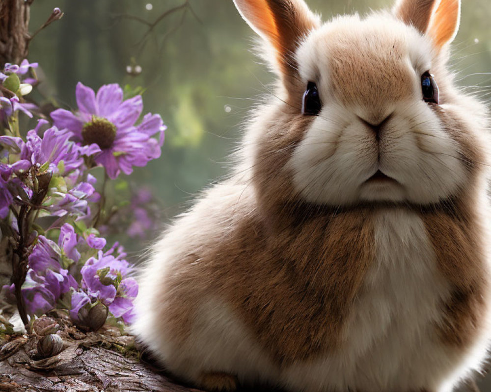 Brown and White Rabbit on Log Surrounded by Purple Flowers in Forest