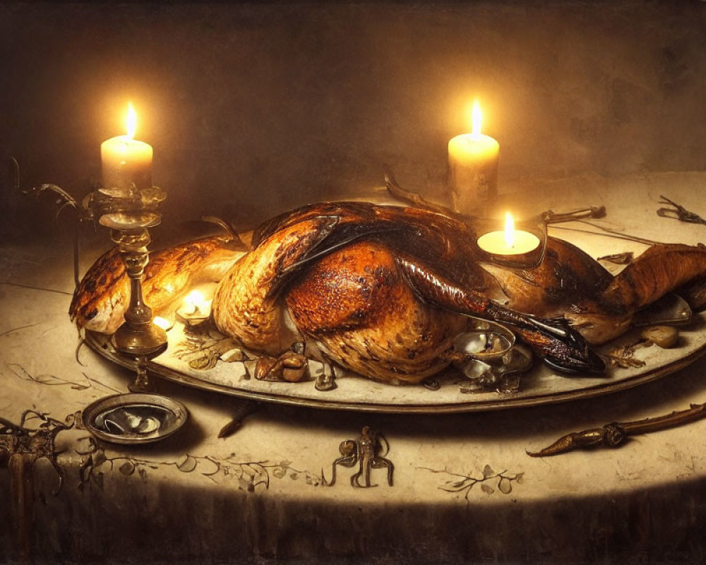 Roasted turkey surrounded by candles, nuts, and cutlery on rustic table