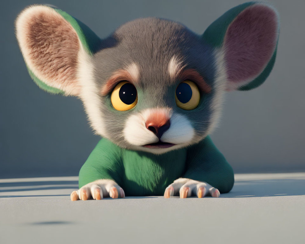 Adorable animated creature with large ears and yellow eyes on a flat surface