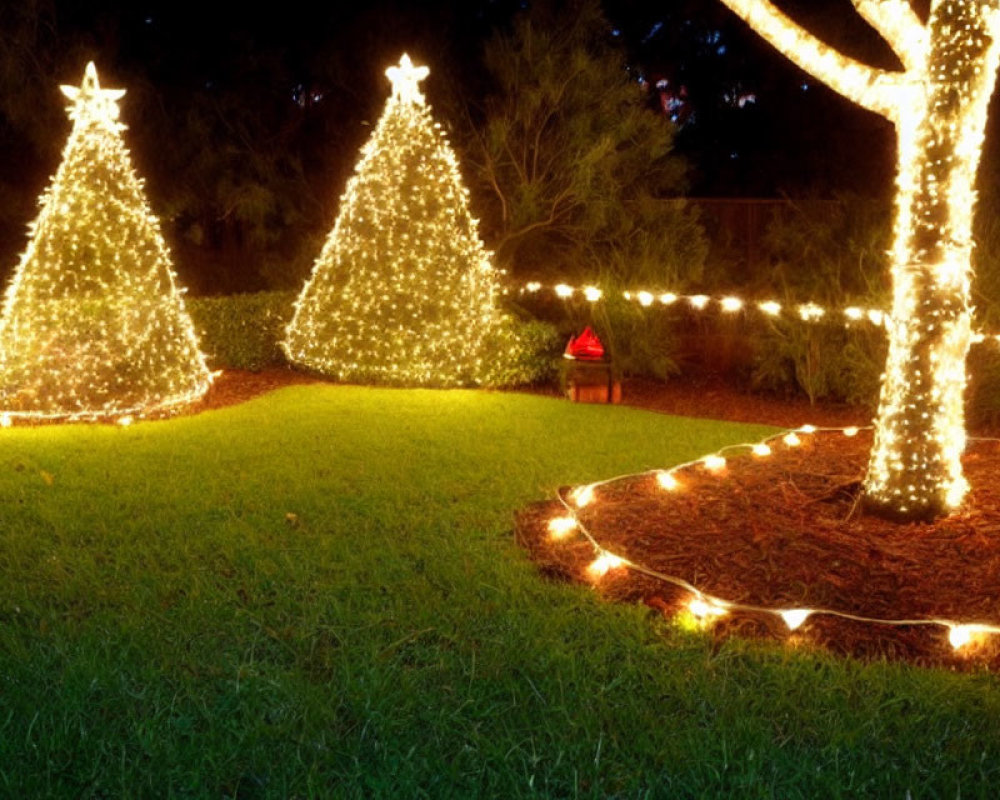 Illuminated Cone-shaped Trees and String Lights Outdoor Christmas Decor at Night