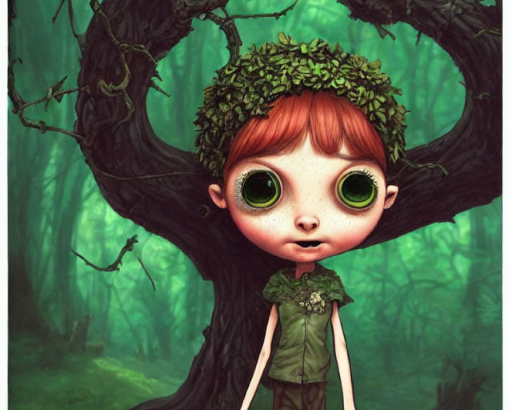 Illustration of character with oversized eyes in mystical green forest