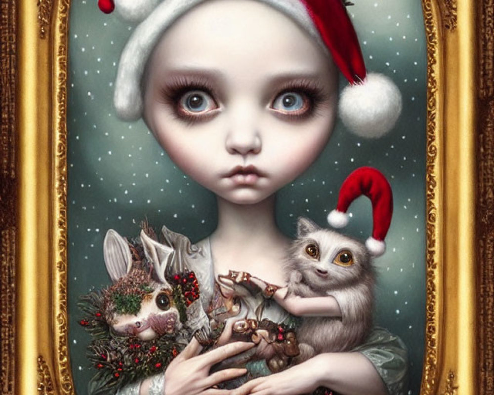 Whimsical painting of girl in Santa hat with large eyes holding reindeer, rabbit, and owl