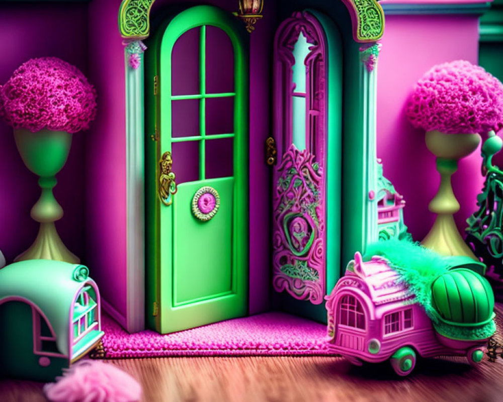 Whimsical pink house with green door and Cinderella-like pink car