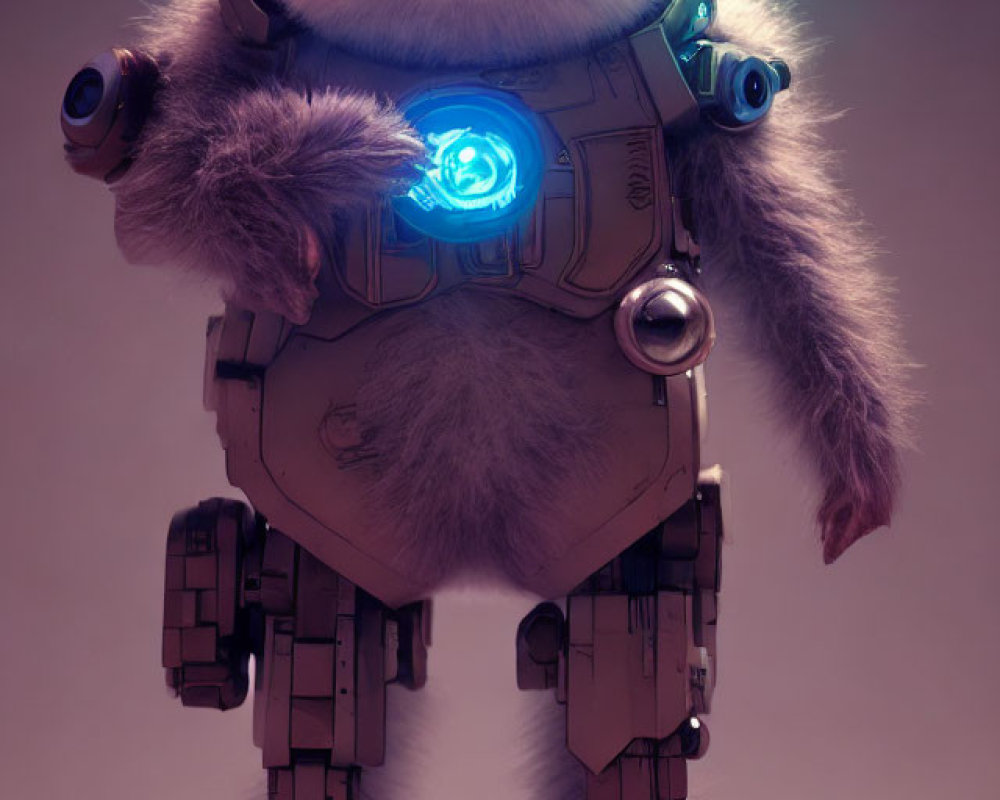 Futuristic panda with robotic legs and high-tech suit in blue goggles