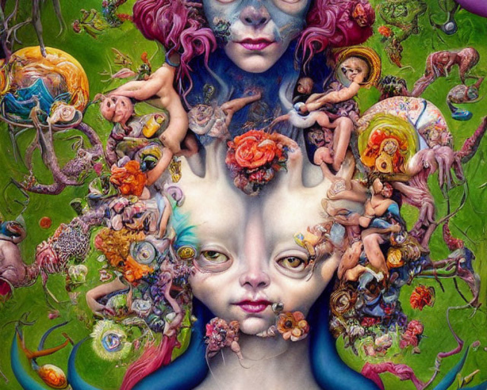 Colorful Surreal Painting with Central Figure and Fantastical Creatures