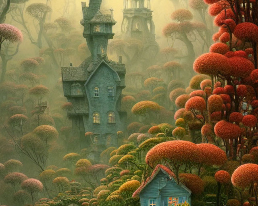 Fantasy landscape with spire-topped tower, mushroom-like trees in misty ambiance