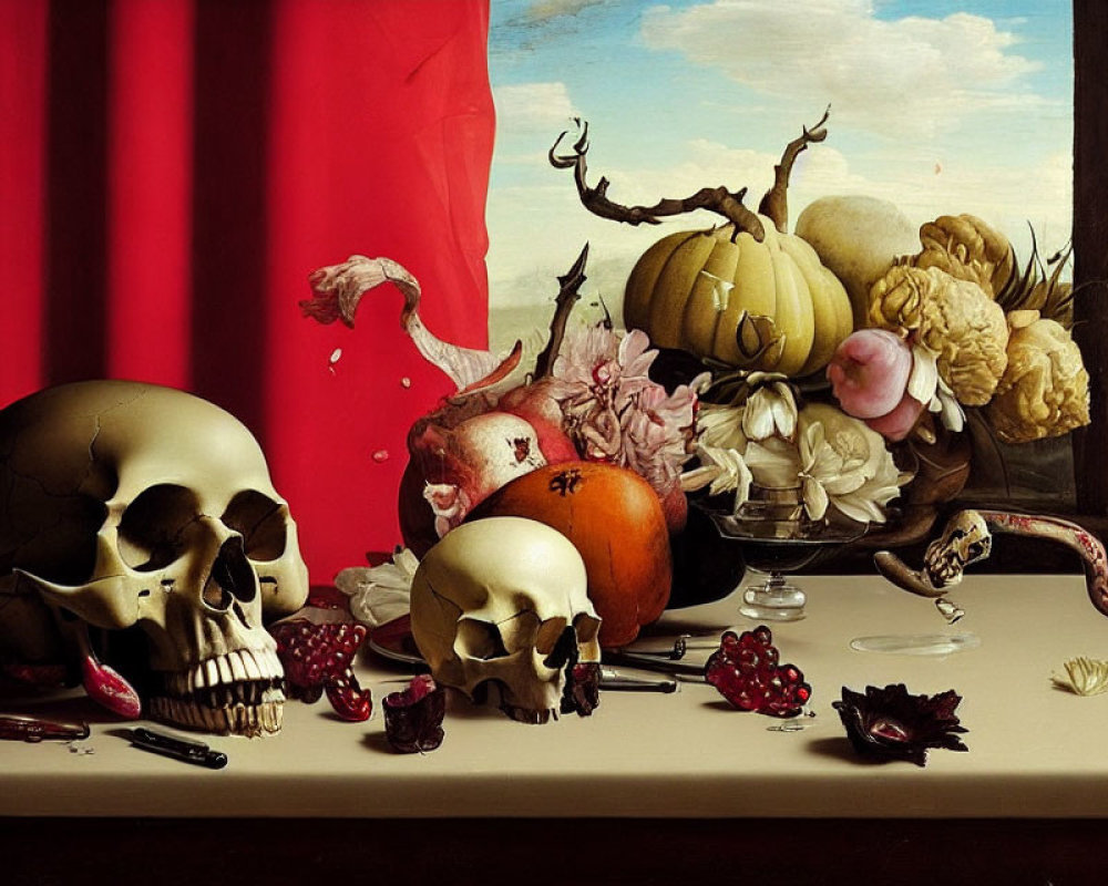 Classic still life painting: skull, pumpkins, blossoms, spilled glass, seeds, and red