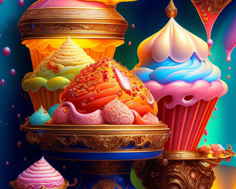 Whimsical dessert towers with ornate details and colorful confections under soft glowing lights