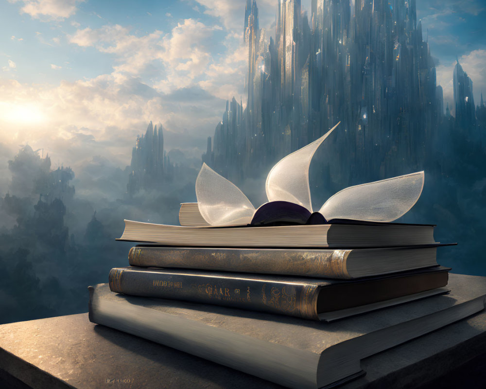 Open book with glowing pages and white wings on stack of books in ethereal cityscape.