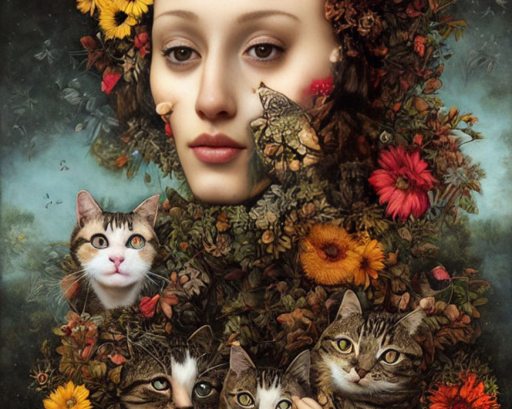 Person wearing floral headdress with two cats and butterfly.