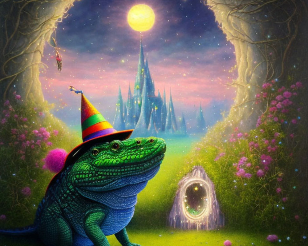 Colorful party hat lizard in magical forest with glowing flowers and castle backdrop