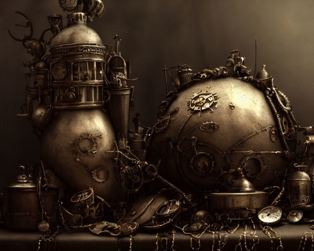 Sepia-Toned Steampunk Still Life with Mechanical Objects