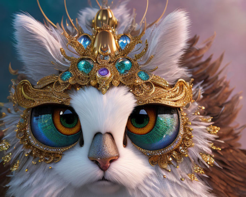 Fluffy white cat with green and blue eyes wearing golden mask and halo.