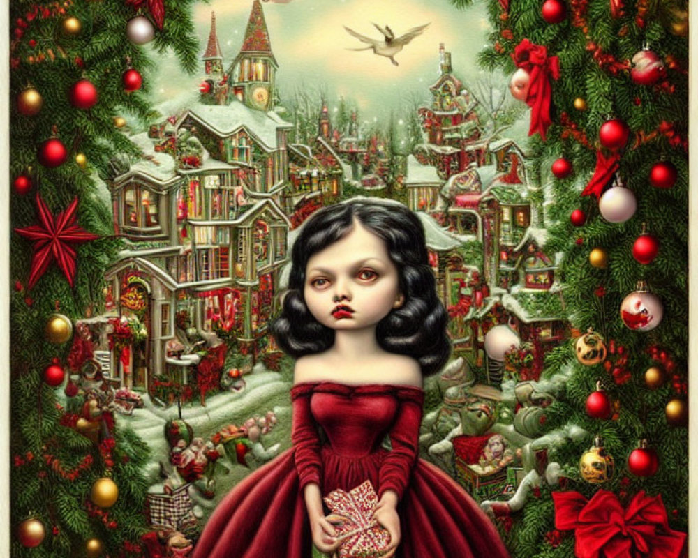 Gothic-style girl in red dress with present in detailed Christmas village.