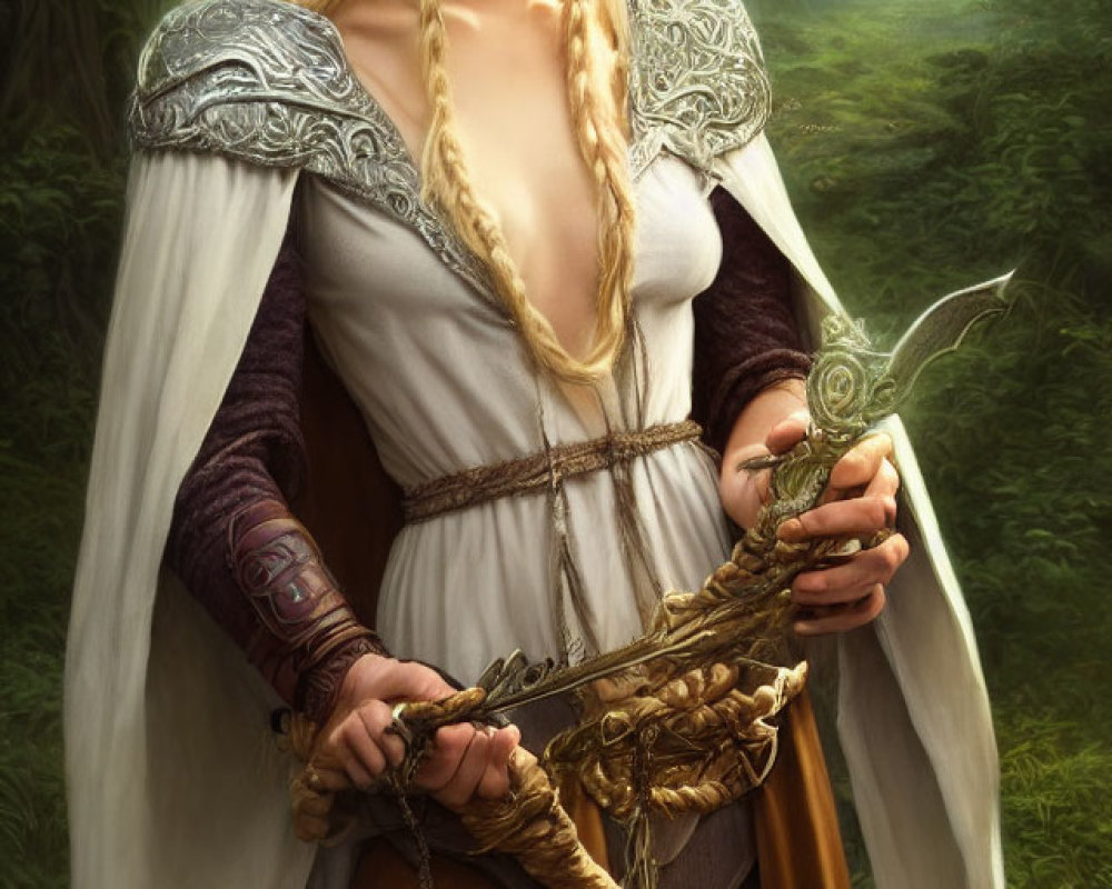 Fantasy elf character with staff in serene forest