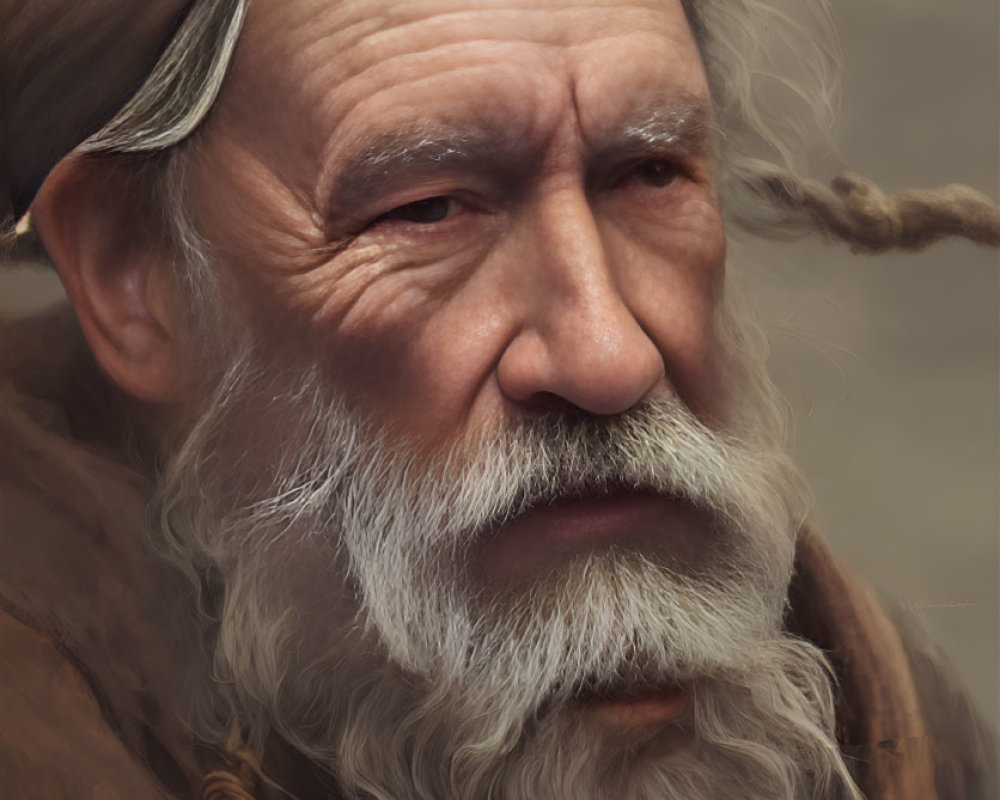 Elderly man in brown robe and turban with white beard and mustache