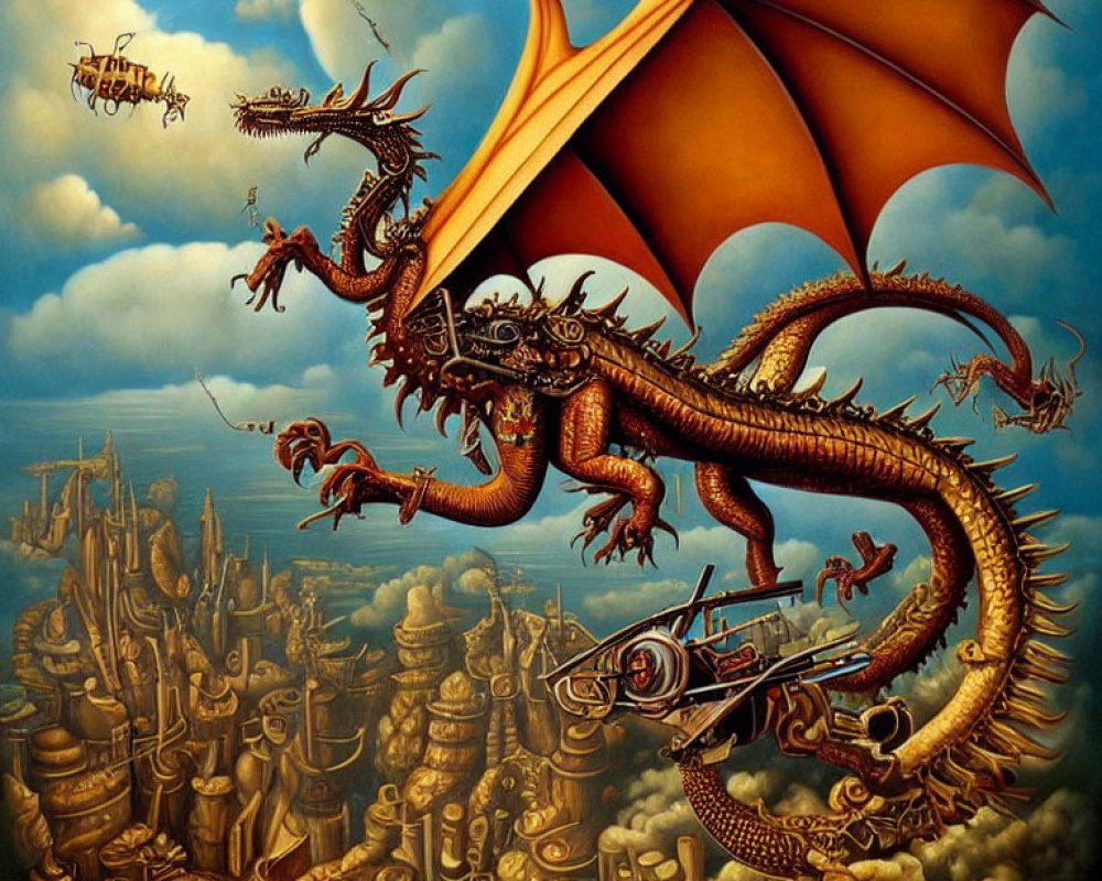 Detailed fantasy dragon soaring over intricate cityscape with flying machines